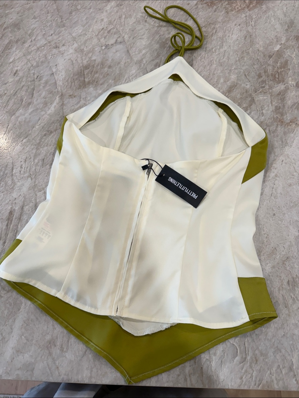PrettyLittleThing Ivory Halter Cami with Olive Trim - Picture 3 of 3